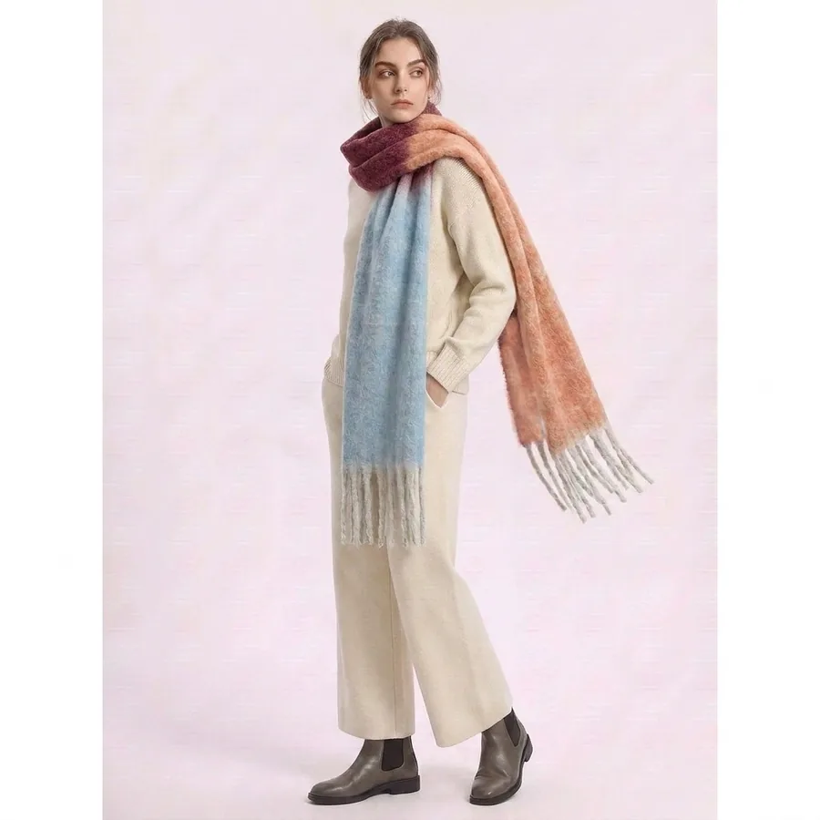 Polyester Rainbow Plaid Scarf with Fringe view 2