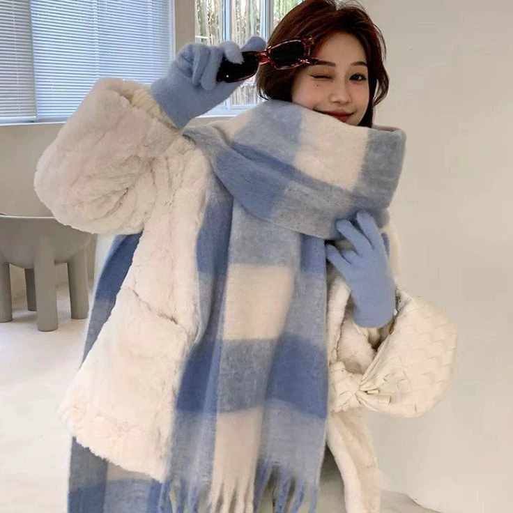 Blue White Plaid Scarf for Women