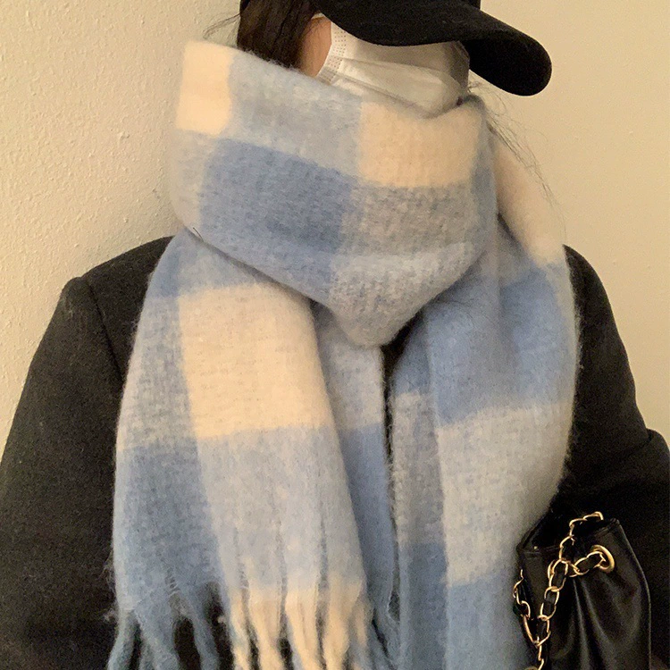Blue White Plaid Scarf for Women view 2