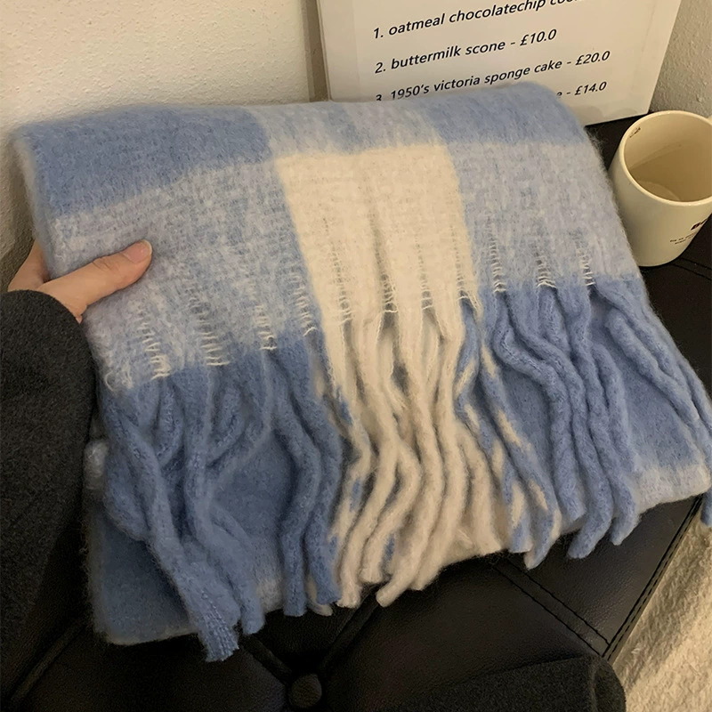 Blue White Plaid Scarf for Women view 3