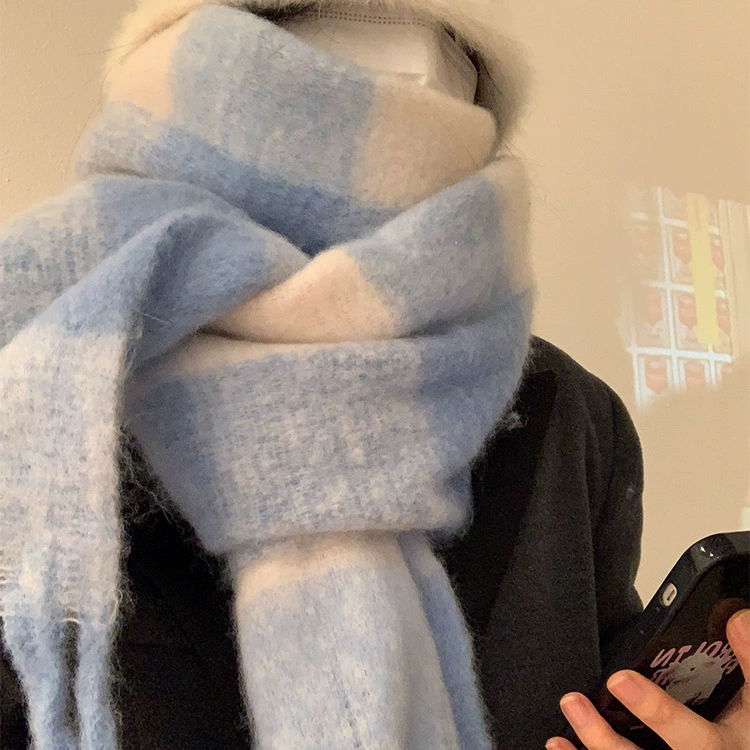 Blue White Plaid Scarf for Women view 4
