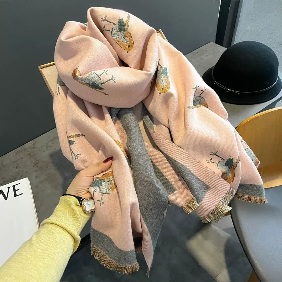 Bird Print Faux Cashmere Scarf for Women view 4