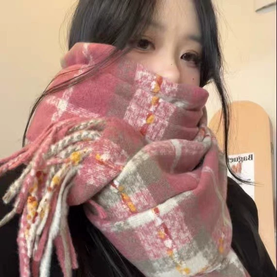 Rose Pink Plaid Winter Scarf
