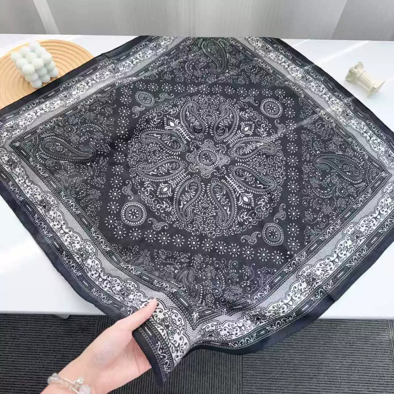 Navy Paisley Small Square Scarf view 8